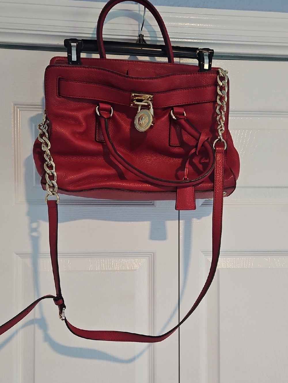 Michael Kors Red Women's Saffiano Satchel Handbag with Gold Chain Accent